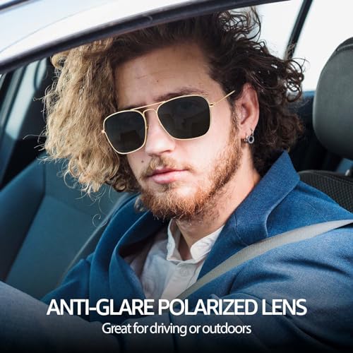Image of SIPHEW Polarized Square Aviator Sunglasses for Men, Retro Double Bridge Metal Frame, UV400 Protection for Outdoor /Driving