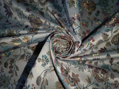 Tissu brocart jacquard bleu et rose doré de 137 cm de large Bro849