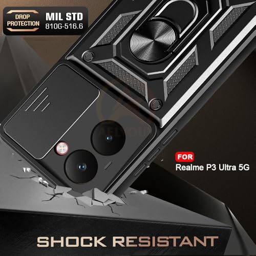 Image of Armor Bumper Back Cover Case for Realme P3 Ultra 5G Rotating Camera Cover, Ring Holder & Kickstand | Heavy Duty & 360 Degree Protection Realme P3 Ultra 5G Back Cover (Black)