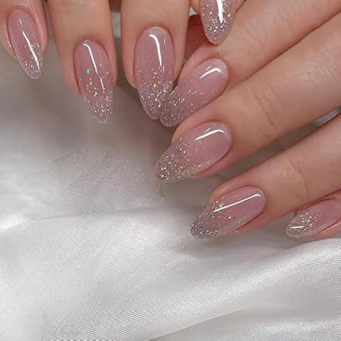 24Pcs Medium Long Press on Nails Nude Pink Fake Nails Almond Shaped False Nails Glossy Glitter Design Nail Art Supplies Full Cover Artificial Glue on Nails for Women Girls Acrylic Nails Decorations Cover