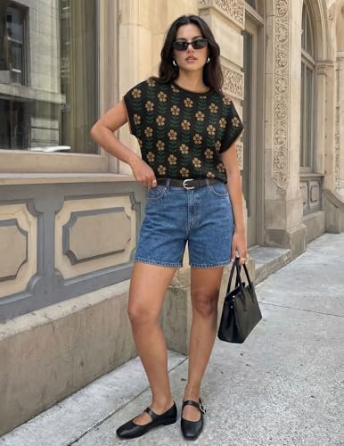 Image of ZESICA Women's Summer Trendy Knit Top 2026 Floral Print Short Sleeve Crewneck Loose Fit Sweater Vest Going Out Clothes