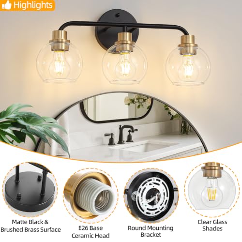 Image of 3 Light Bathroom Vanity Light, Black and Gold Bathroom Light Fixtures