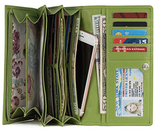 Mou Meraki Women's Top Grain Leather Wallet, RFID Blocking Bifold clutch, 17 Card Slots, Zip Pocket Organizer, Elegant Gift for Women — Birthday, Valentine, Anniversary - GREEN