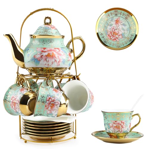 20 Pcs Porcelain Tea Cup Set with Teapot Tea Cups and Saucers Set of 6 750ML Teapot 180ML Teacup with Vintage Flower Painting for Women Tea Party Wedding Tea Gift Sets for Home&Party