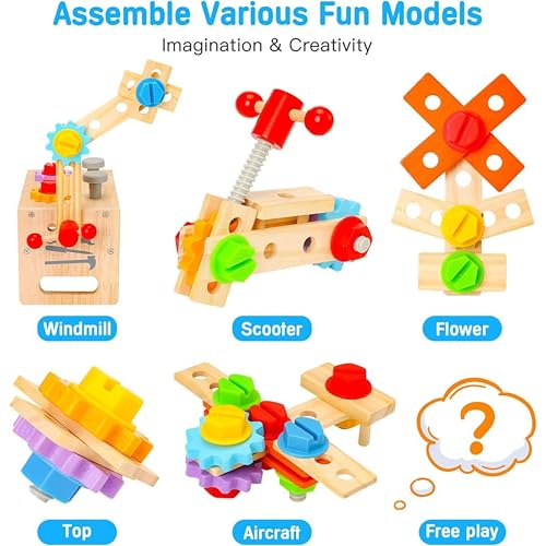 Image of Wooden Tool Kit for Kids | Pretend Play Construction Toy Set | STEM Educational Mechanic Set for Boys and Girls (Ages 3-8) (Tool Bench)