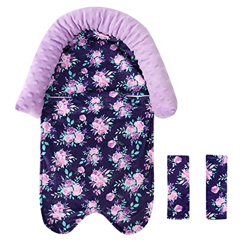 Image of Car Seat Cushion and Strap Covers for Girls, Carseat Insert Super Soft Minky Seatbelt Covers for Car Seat, Swing, Purple Flower