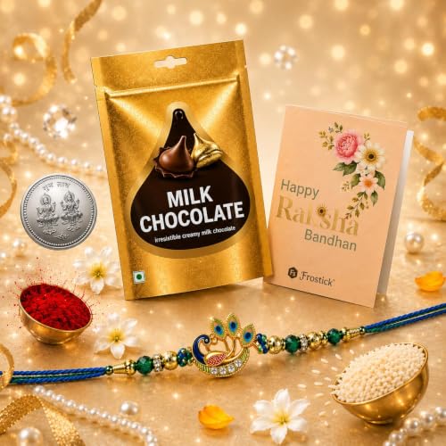 Image of Frostick Rakhi and Chocolate Combo for Brother Includes Elegant Peacock Rakhi Set of 1 with Sweet Chocolates Thoughtful Gift Set for Raksha Bandhan Festival