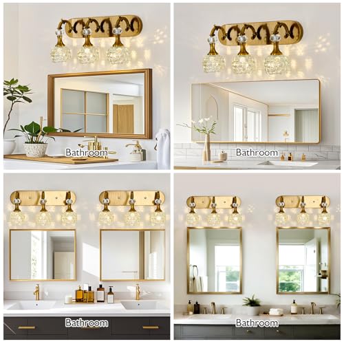 Image of 3 Light Vintage Vanity Light Gold Bathroom Lighting Fixtures Over Mirror with Glass Shade