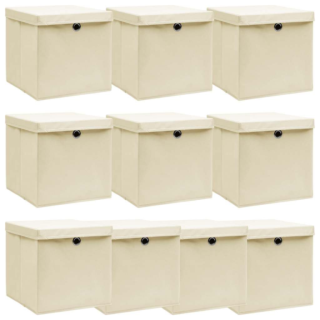 Vidaxl Cream With Lids 10X Storage Boxes With Lid Storage Chest Organiser Storage Bin Case Foldable Box For Wardrobe Bedroom Cream 32X32x32 Cm Fabric