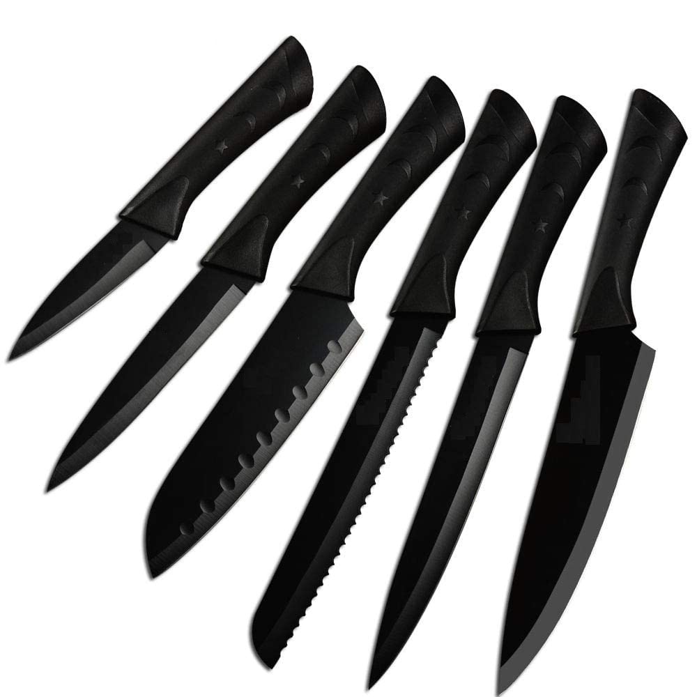 Kitchen Knife Set with Sheaths – 6 Piece Black Knife Set with Fruit Knife, Utility Knife, Santoku Knife, Bread Knife, Slicing Knife and Chef Knife