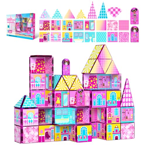 52PCS Magnetic Building Tiles, Build a Fashion Doll House Set, Pink, Girls Ages 3+