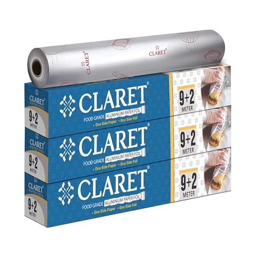 Image of Claret 2 in 1 Aluminium Foil and Butter Paper Roll for Kitchen Wrapping | 9+2 Meters | Food Grade Non-Stick Sheet for Roti, Lunch Box, and Baking (Pack of 3)