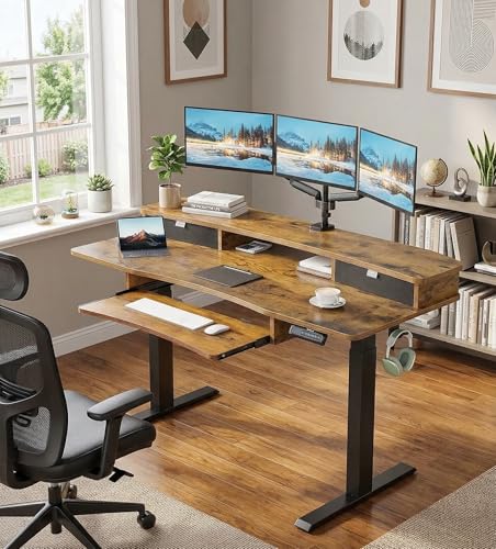 Image of HUANUO 55 inch x 26 inch Electric Standing Desk with 2 Drawers & 26.7 inch Large Keyboard Tray, C-Clamp Mount Compatible, Adjustable Computer Desk for Home Office, Stand Up Desk with 4 Height Presets, Vintage