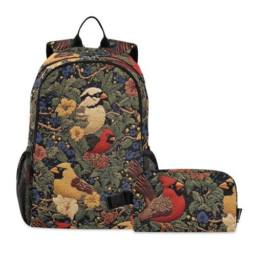 Travel Backpack Lunch Bag Set for Hiking Picnic, Backpacks with Insulated Lunch Box Bird Embroidery Print