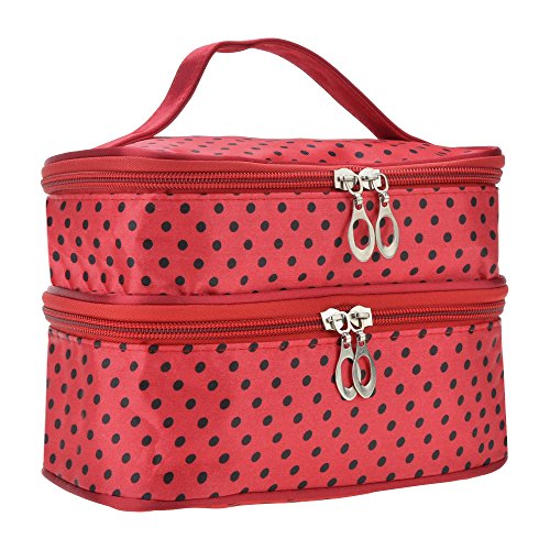 FINEJO Womens Fashion Portable Toiletry Bag Dot Pattern Double Layer Makeup ...