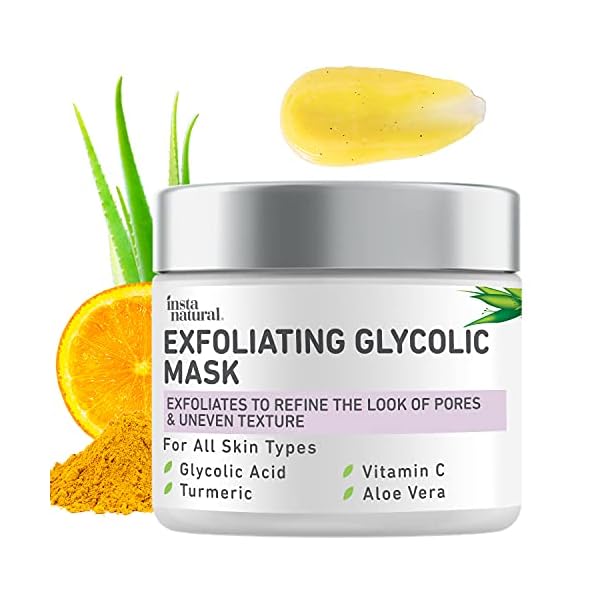 InstaNatural-Exfoliating-Glycolic-Face-Mask-Facial-Scrub-Blackhead-Treatment-for-Brightening-and-Exfoliation-with-Turmeric-Vitamin-C-Natural-AHA-Enzyme-Exfoliant-for-Scars-Glowing-Skin InstaNatural Exfoliating Glycolic Acid Face Mask for Women & Men, Gentle Exfoliator, Pore Minimizer, Anti Aging, Blackhead Remover, Acne Facial Treatment with Vitamin C and Turmeric, 2 Fl Oz