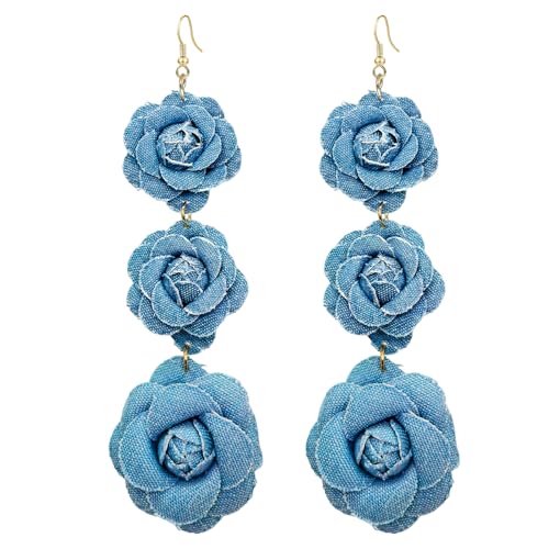 Denim Earrings for Women, Boho 3-Layer Camellia Flowers Dangle Earrings - Lightweight Statement Denim Accessories for Women, Hypoallergenic Gold Plated Bridal & Wedding Gift