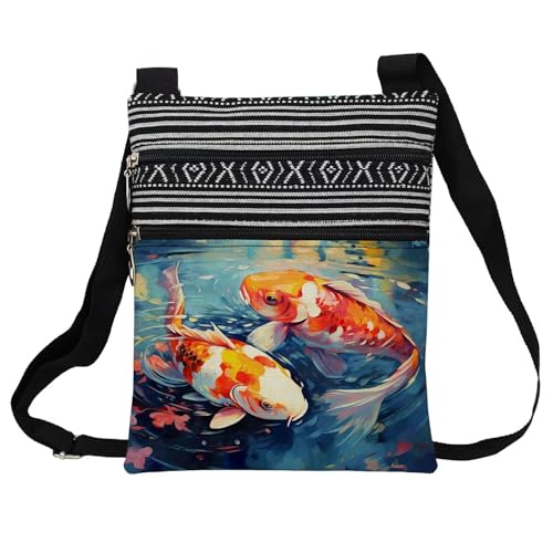 Koi Fish Messenger Bag Small Ethnic Pattern Printed Adjustable Strap Crossbody Zipper Bag Koi Fish Phone Bag Wallet Cute Shoulder Handbag for Women Friends -3