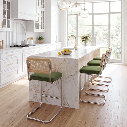 Image of Zesthouse Natural Rattan Bar Stools Set of 2, 26'' Modern Boho Counter Height Barstools with Solid Wood Back, Mid Century Counter Stools with Velvet Cushion, Cane Back Island Chairs for Kitchen, Green