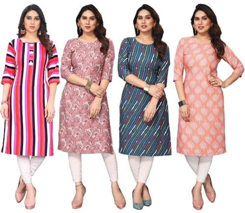 Image of JAKHANA Women's Crepe Printed Casual Straight Calf Length Round Nick Kurta Pack of 4