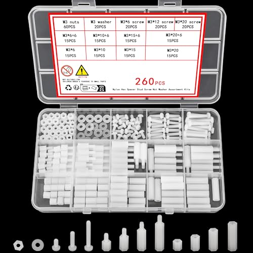 Ewwtrey 260 Stück M3 Nylon Sechskantschrauben Mutter Schaltungs Abstandshalter, Männlichen Weiblichen Schrauben Muttern Sortiment Set, PCB Platinen Zylinderabstandshalter Sortiment Weiß