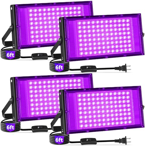 Image of 100W LED Black Lights with Switch+Plug, IP66 Waterproof, 4 Pack | Blacklight Flood Light for Halloween, Neon Glow Party Supply, Bedroom, Fluorescent Poster, Body Paint, Outdoor
