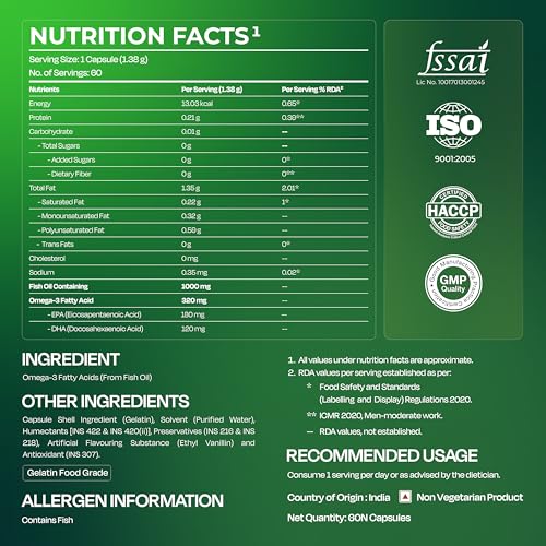 Image of Nutrabay Wellness Omega 3 Fish Oil 1000mg per Capsule, 180mg EPA, 120mg DHA - Vision, Memory, Heart, Skin & Hair Support, No Fishy Aftertaste - 60 Softgel Capsules | Tested for Purity | 100% Authentic