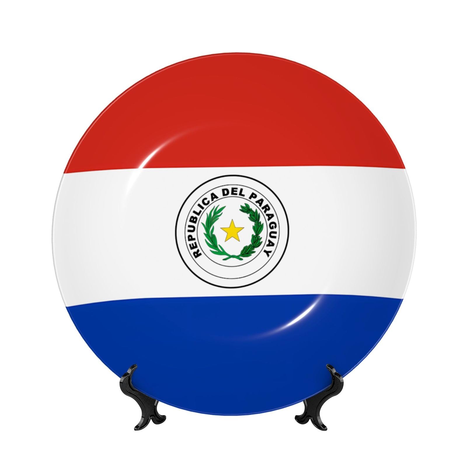 SXZVVBN Flag of Paraguay Bone China Decorative Plate Art with Stand Removable Adhesive Hanging for Home Office 7in