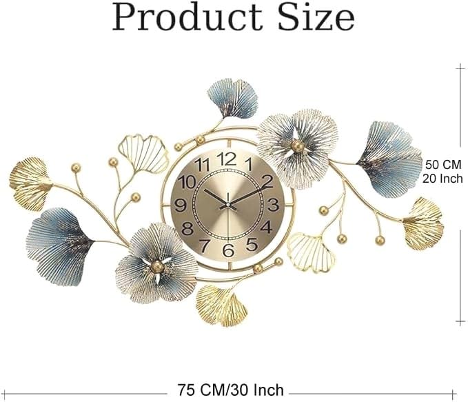 Image of Brass Design Studio Large Wall Clock Decor, Modern 3D Metal Ginkgo Leaf Design Wall Clocks Decorative Silent Non-Ticking for Living Room, Bedroom and Office (20X 30 Inch) Gold