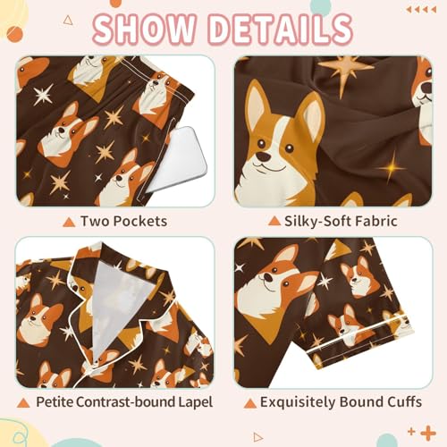 senya Celestial Corgi Cute Satin Summer Pajama Sets Silk Short Sleeve Button Down Sleepwear3