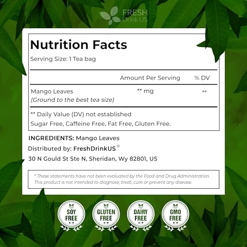 Image of FreshDrinkUS, Premium 40 Mango Leaf Tea Bags, 100% Natural& Pure from Mango Leaves. Herbal Tea. No Sugar, No Caffeine, No Gluten, Vegan.
