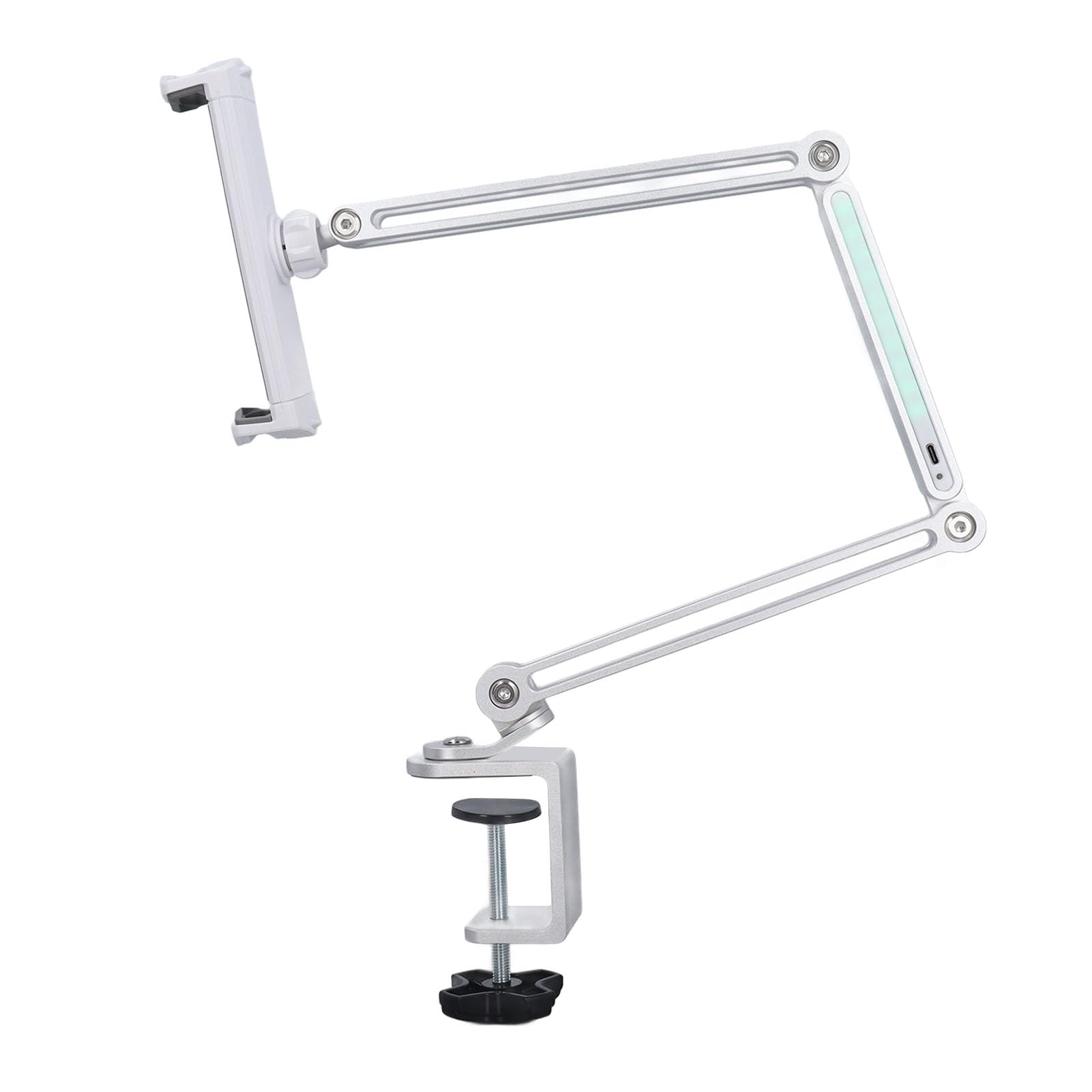 ASHATA Supporto per tablet da letto in metallo, rotazione a 360 gradi, supporto pieghevole da scrivania con braccio lungo con luce regolabile per telefono, tablet, supporto estensibile da 4 pollici a
