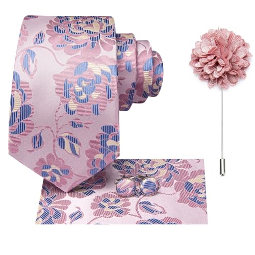 Image of Hi-Tie Mens Paisley Floral Striped Ties Set Silk Necktie and Lapel Pin for Men Pocket Square Cufflinks Set Business Wedding