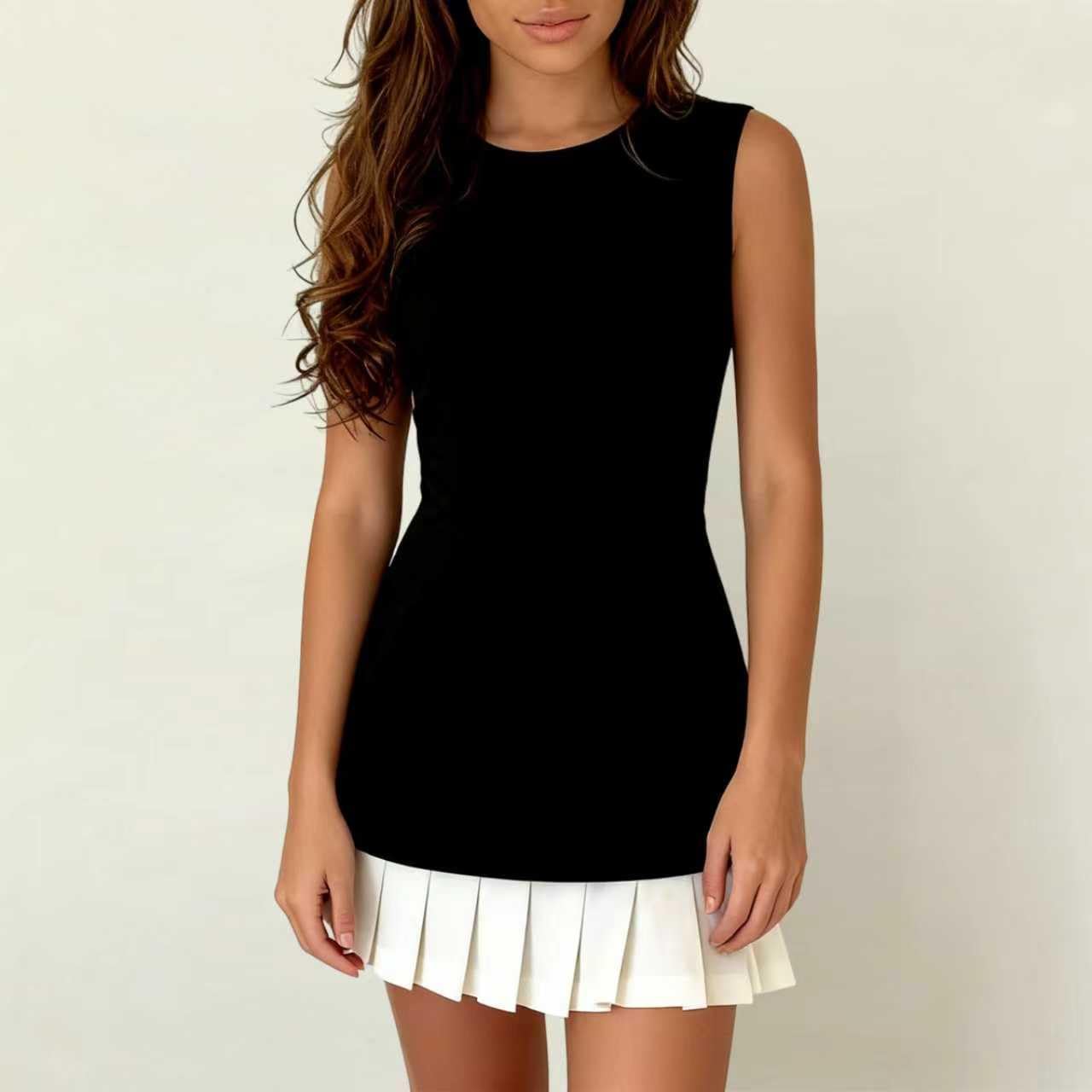 Vestito Donna Corto Sexy Mini Abito Estivo Senza Maniche Scollo Rotondo Abiti a Pieghe Casual Vita Alta A Line Vestito Corto da Sera Elegante Bodycon Vestiti Aderente Curvy per Cocktail Discoteca