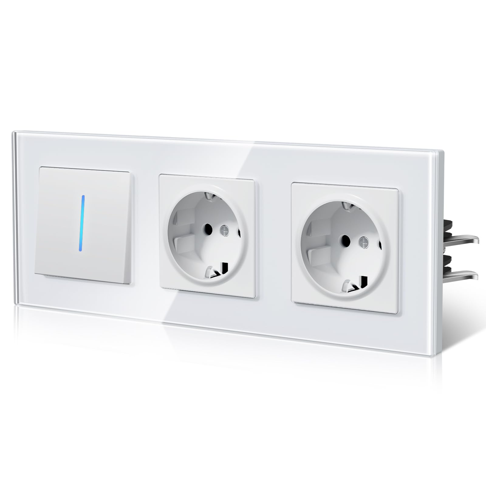 BSEED Enchufe y Interruptor,interruptor Conmutador con Garfio,Basculante con Pilotitos LED,Panel de Vidrio,Seguridad Infantil,Fácil Instalación,E-Serie,1 Gang 2 Vía Con 2 Enchufes,228mm Blanco