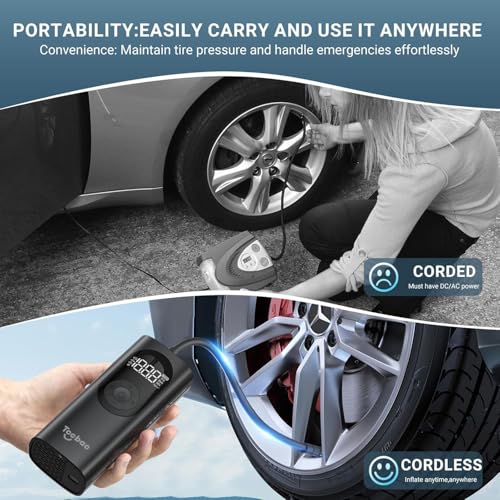 Image of Tire Inflator Portable Air Compressor for Car,Large motor 2X Fast,Tccbac Bike Pumps with 150 PSI High Pressure Gauge and LED Light,Tire Pump Auto Shut-Off Electric Air Pump for Car Ball Motorcycle