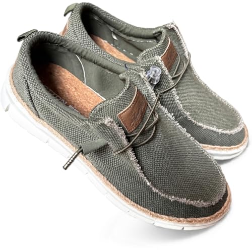 Chaussures Ville Mocassins Légers Toile Homme Été avec Lacets Élastique Walter DUDESTYLE Semelle Soft Liège Latex, Green Catfish, 43 EU
