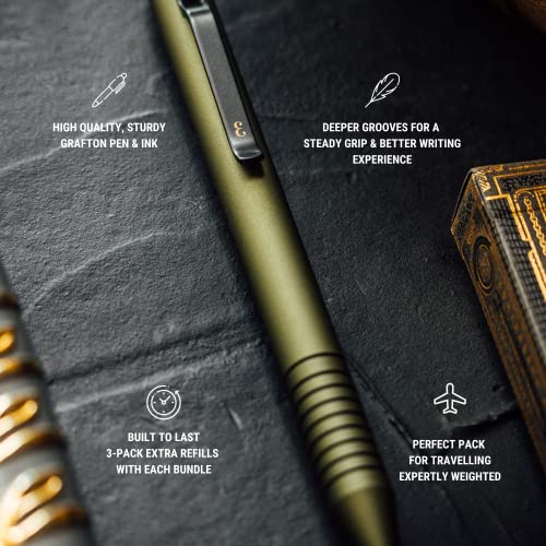 Everyman New Super Matte Od Green Grafton Pen & Ink Bundle - Luxury Writing Edc Pen With Extra 3-Pack Of Black Metal Gel Refills .7Mm Refills #TOP1