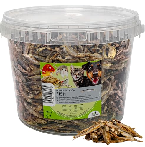 UGF - Pesce essiccato per cani - 460 g in un secchio da 3 litri, Snack per cani senza cereali, Pesce essiccato, Ipoallergenico, Dietetico, Snack per l'addestramento, Masticativi