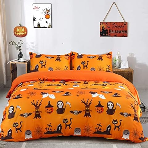 Menghomeus Halloween Duvet Cover Set Twin Size Pumpkin Bedding Set Cartoon Pumpkin Ghost Pattern Fall Festival Themed Comforter Cover Set, 2 Pieces 1 Duvet Cover 1 Pillowcase Cover