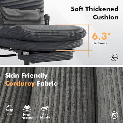 Image of GXJ Criss Cross Legged Office Chair with Flip-up Arms, Footrest, G800 Plus | 6.3 inch Cushion Relieves Tailbone Pain, Head-Lumbar Support Eases Fatigue, Smooth Rolling Wheels, Corduroy Desk Seating, Black