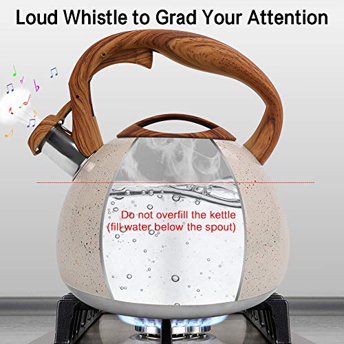 Whistling Tea Kettle Stovetop, 2.7 Quart Tea Pot for Stove Top, Stainless Steel Teapot with Whistle & Heat Resistant Wood Pattern Handle, Water and Coffee Kettle, Suitable for All Heat Sources (White)