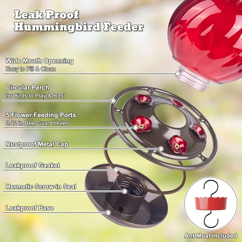 Image of Hummingbird Feeder, Auslar 26 Ounces Glass Hummingbird Feeders for Outdoors Hanging Ant and Bee Proof, Ant Moat & 5 Flower Feeding Ports, Rustproof, Leakproof, Netted Flower Bud Shape Bottle, Red