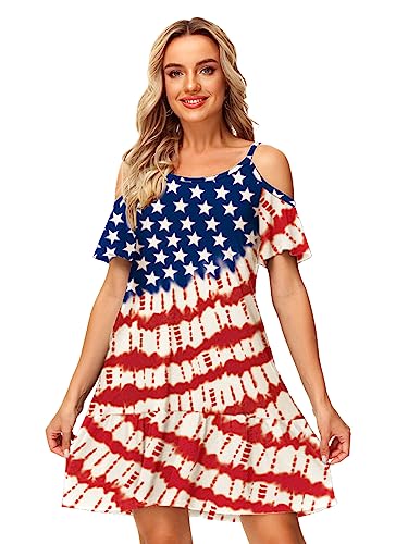 Image of Deerose Womens 4th of July Dresses Cold Shoulder American Flag Tie Dye A-Line Dress with Pockets