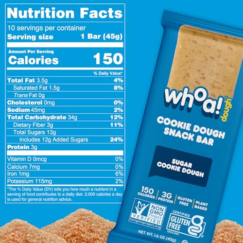 Whoa Dough Edible Cookie Dough Bars- Certified Non-GMO, Kosher and Gluten Free Bars - Healthy Snack Foods - Plant Based Snacks Made With Real Ingredients - Sugar Cookie Dough - 4 Pack