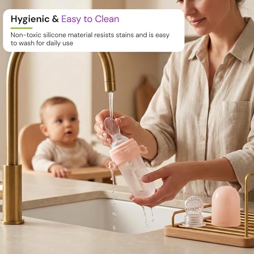 Image of Baybee 2-in-1 Silicone Baby Fruit Feeder & Food Feeder | Baby Pacifier with Anti-Choking Pouch & Squeeze Spoon | BPA Free Extra Soft Fruit Nibbler & Teethers for 6 to 12 Months Babies (Pink)