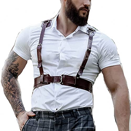 Goobester Brown Leather Harness Men Belts Adjustable Body Bondage Strap Punk Top