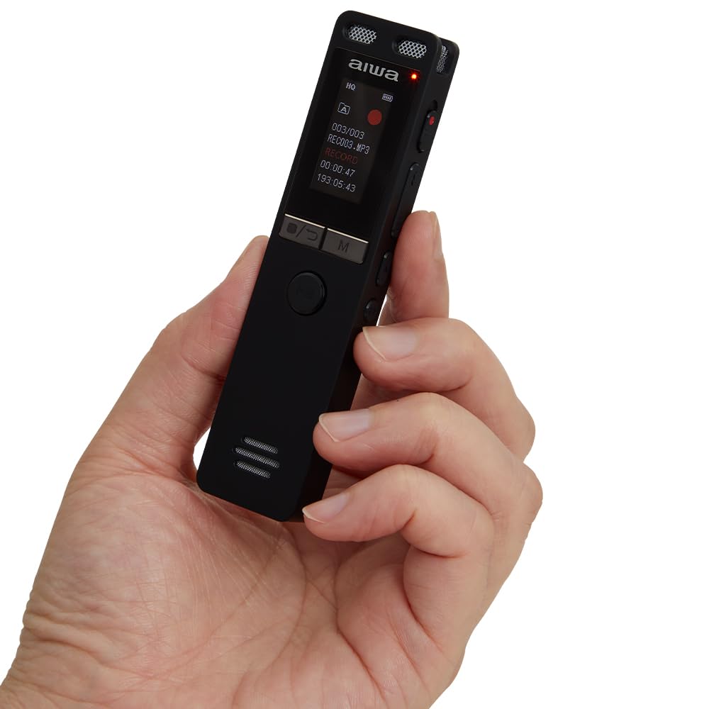 AIWA DVR-A400. Bardzo płaski cyfrowy dyktafon z mikrofonem stereo i wbudowaną pamięcią 16 GB. Kolor czarny.