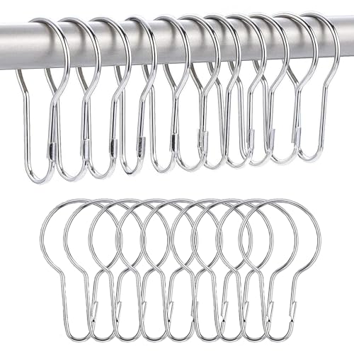 24 Stück Gardinenringe, Gardinenringe Mit Haken, Duschvorhang Haken, Duschvorhang Ringe, Ringe für Duschvorhang, für Badezimmer, Wohnzimmer, Schlafzimmer, Küche (Silber)