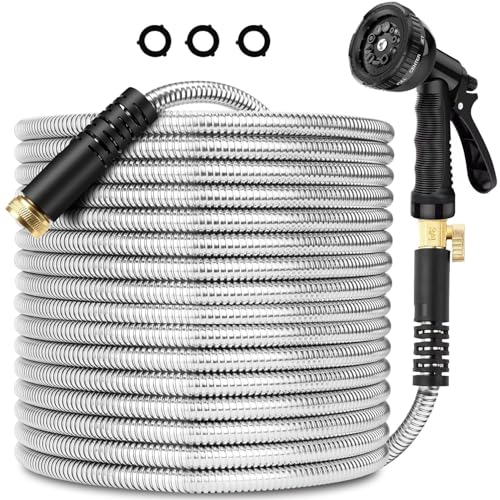 Stainless Steel Garden Hose 25FT Stainless Steel Heavy Duty Water Hose With 10 Function Nozzle No-Kink Tough & Flexible Sturdy and Lightweight Rust Proof for Yard Outdoor